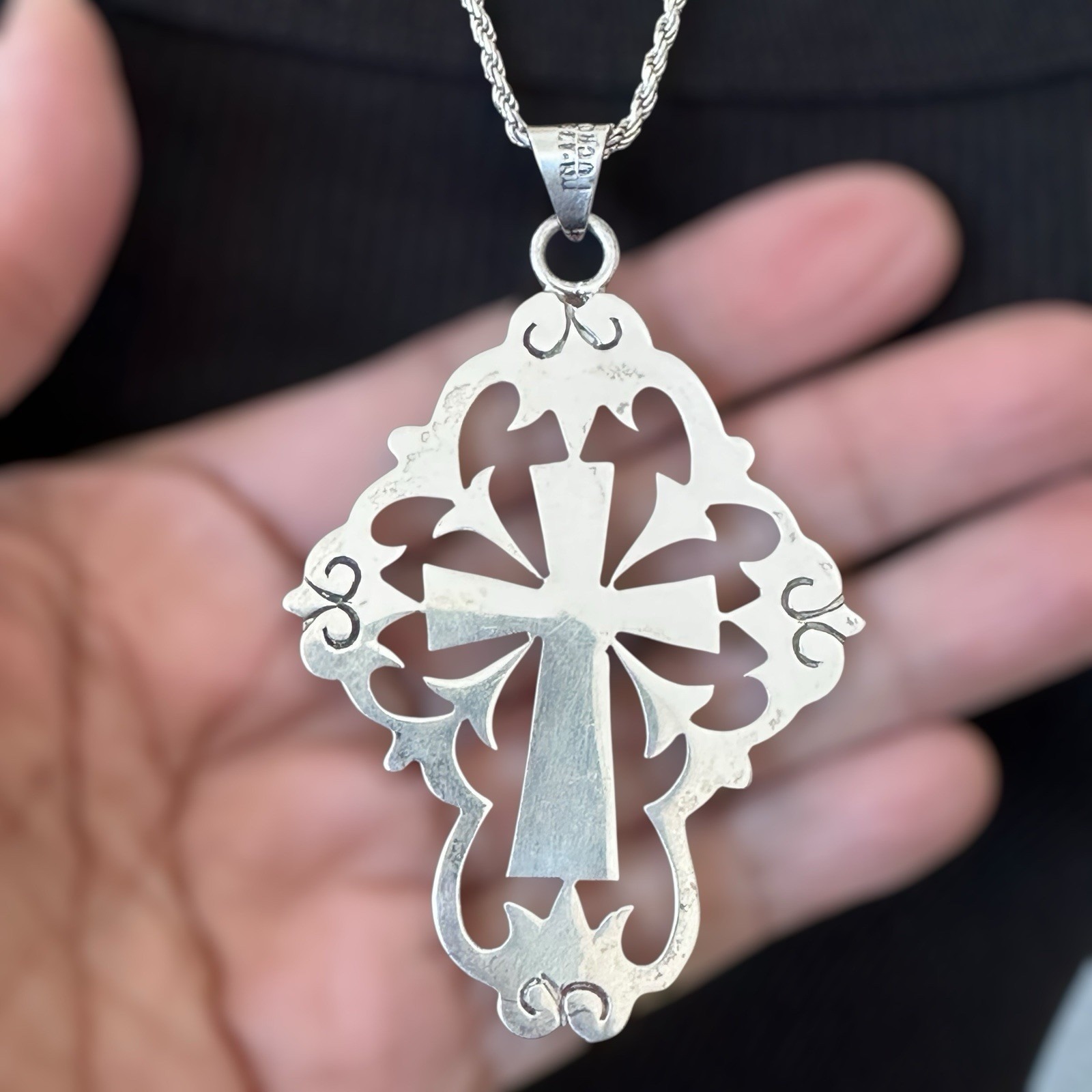 Vintage Taxco Lucho Pendant Necklace 24 Inch Christian Cross 925 Sterling 29.9g